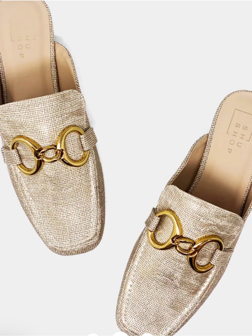 ShuShop Gold Raffia Slip-On Mule with Chain Detail